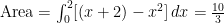 \text{Area} = \int_{0}^{2} [(x+2) - x^2] \, dx = \frac{10}{3}
